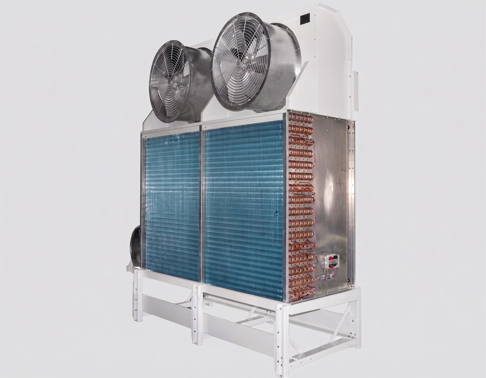 Vertical high-capacity unit cooler with twin stainless axial fans on top, a coated fin block and exposed copper return bends.