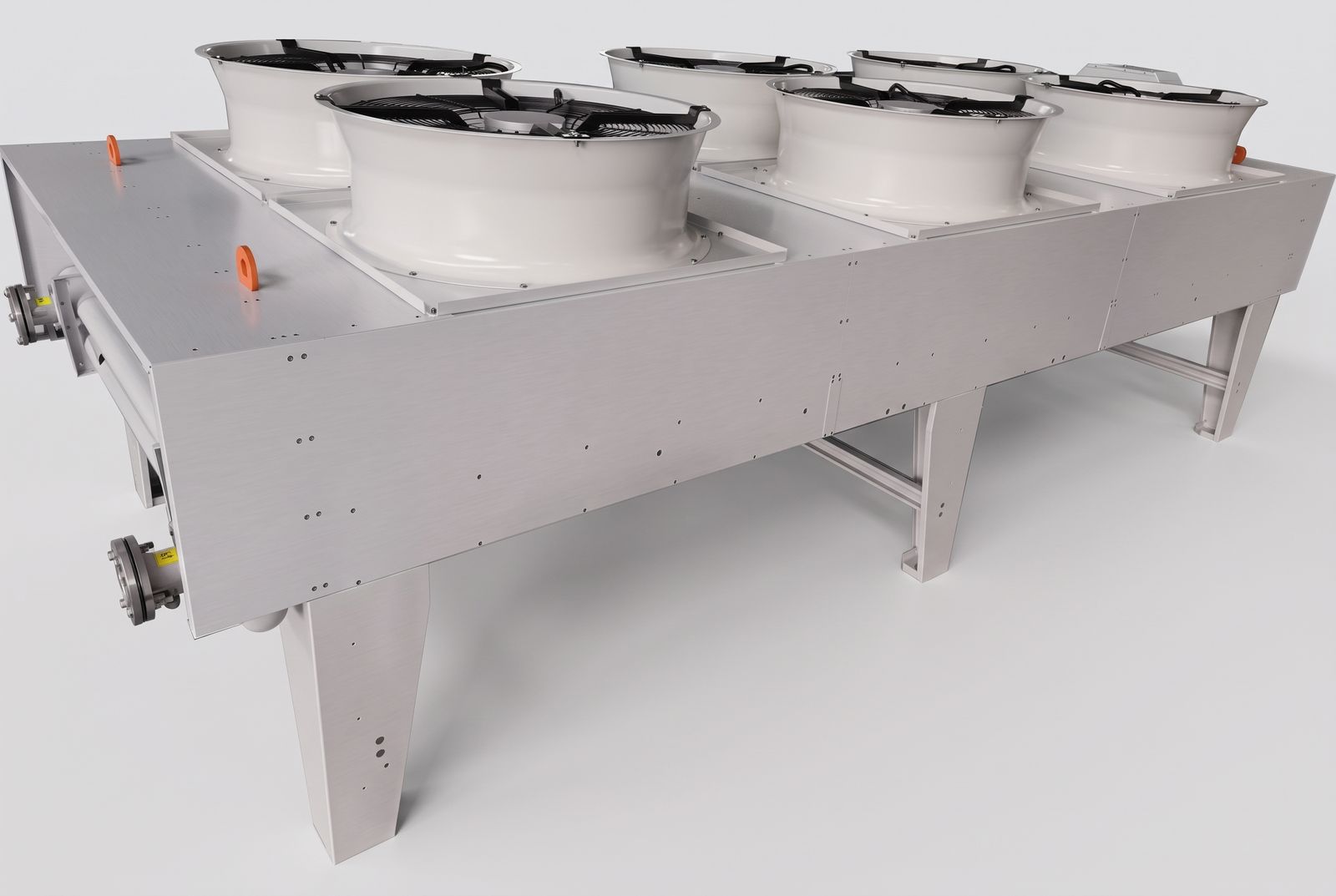 Six-fan V-bank industrial dry cooler with brushed aluminum casing, flanged fluid connections and structural legs.