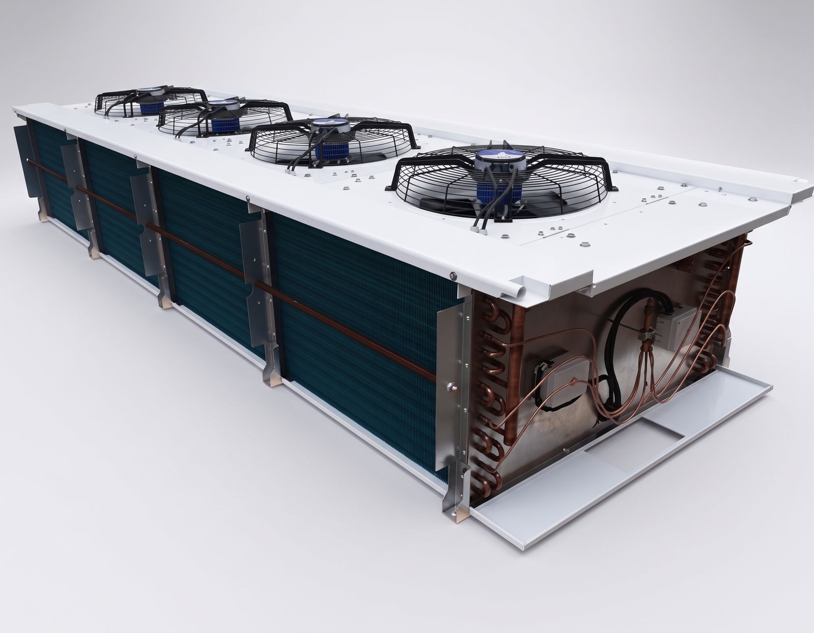Low profile differential pressure unit cooler with four downward facing fans and an open access panel showing copper return bends.